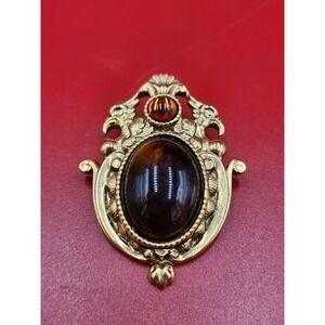 Vintage Ornate Gold Tone Brooch Faux Tortoise Shell Amber Cabochon Pin Unsigned